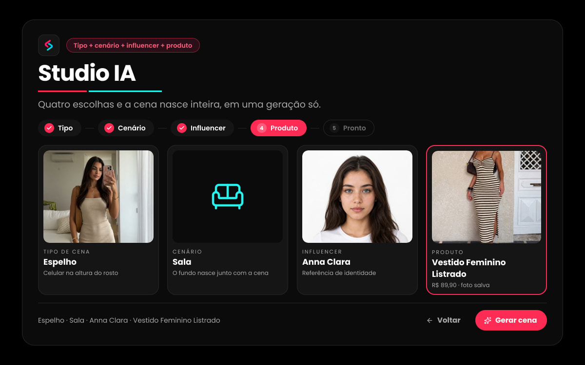 Studio IA com o tipo de cena, o cenário, o influencer e o produto escolhidos
