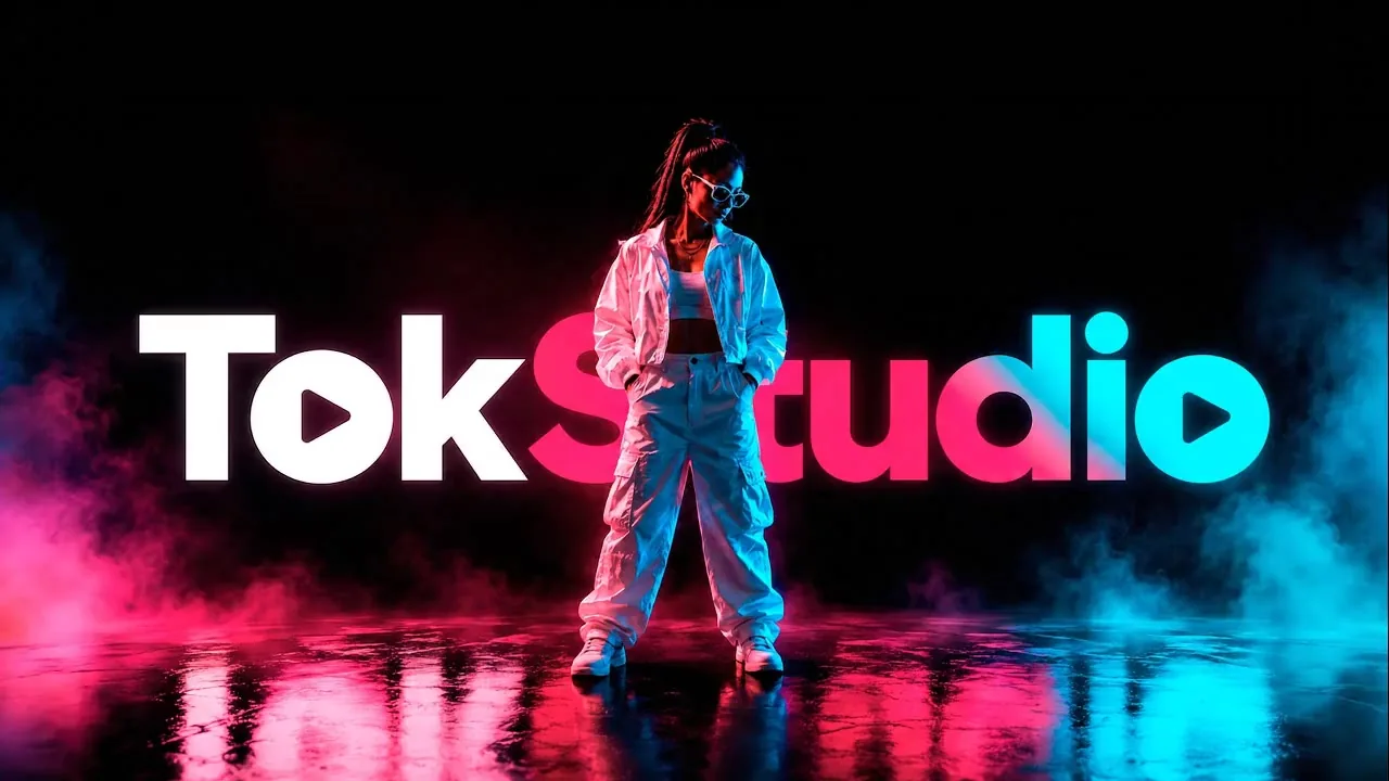 Letreiro neon TokStudio em rosa e ciano, com fumaça colorida e uma pessoa à frente
